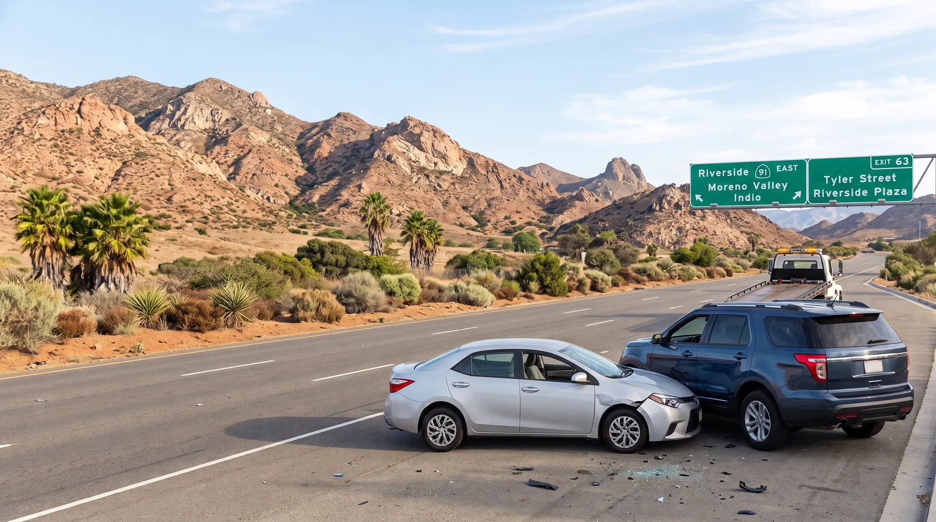 Silver sedan and blue SUV after a collision on a highway near a Route 91 East sign for Riverside, Moreno Valley and Indio, with rocky hills and palm trees